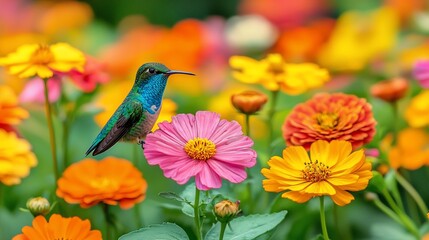 Fototapeta premium Hummingbird on pink cosmos flower in vibrant garden