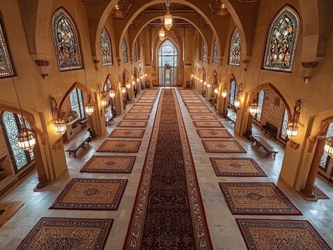 Rows of intricately designed prayer mats are set in mosque open Mushafs on each mat. setting is vibrant and ready for worshippers during Eid al Fitr celebrations.