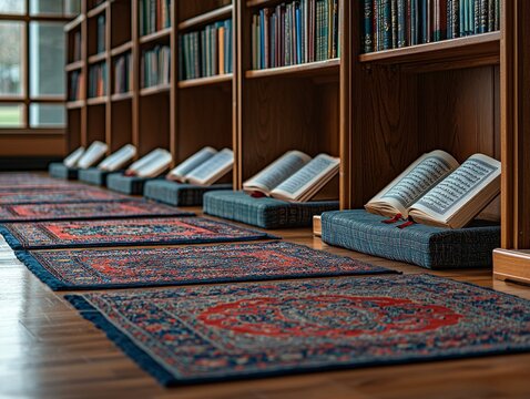 Rows of vibrant prayer mats align in mosque each displaying open Mushaf for worshippers. Intricate designs enhance serene space inviting prayer and reflection.
