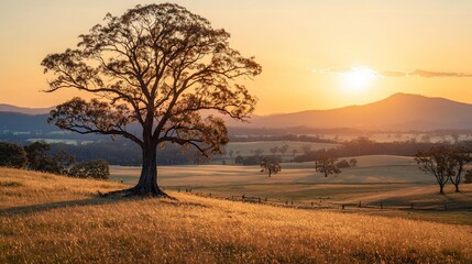 Fototapeta premium Sunset over rural landscape, lone tree, golden fields, mountains background; idyllic nature scene