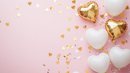Golden and white heart-shaped balloons with matching confetti on a pastel pink background, offering a clean and sophisticated Valentine&rsquo;s Day design