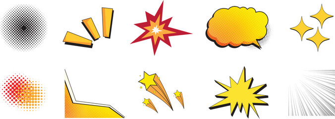 Set of comic effect shape with pop art style. speech bubbles halftone dot background. Comic surprise, explosion and inspiration effect. Vector illustration isolated on white background