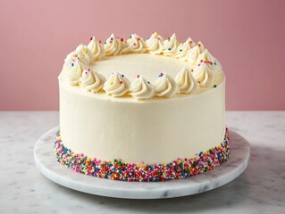 Delicious Creamy White Cake with Colorful Sprinkles on a Marble Stand Against a Pink Background with a Tasty Frosting Garnish on Top and a Fluffy Finish with Mouthwatering Toppings.  A Confectionery