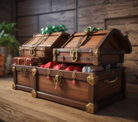 Exquisite wooden chests filled with luxurious gifts, expensive presents, , high-end gifts