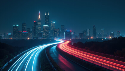 Fototapeta premium Night Highway Leading to Futuristic City with Light Trails