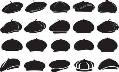 Set Of Stylish Berets Cap, Collection of Stylish Black Berets Cap Silhouette 