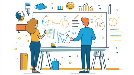 Business team analyzing data with charts and graphics on whiteboard in modern office environment