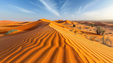 vast and arid desert landscape with rolling orange dunes under clear blue sky, showcasing beauty of...