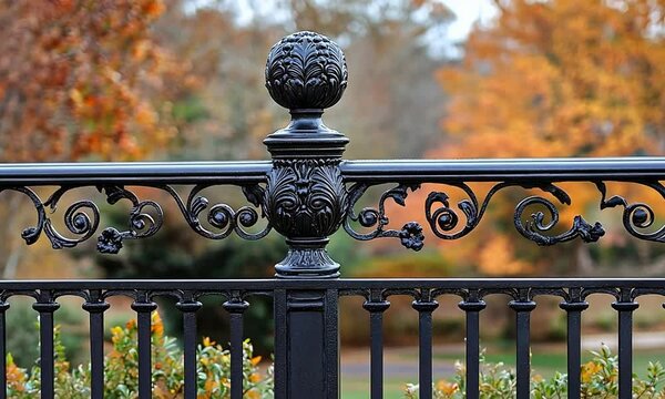 Ornate black wrought iron fence with decorative finial in a colorful autumn garden setting