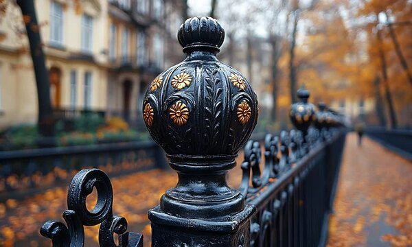 Ornate wrought iron fence post in a serene autumn park with colorful fallen leaves