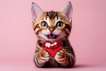 Ad campaign concept. Bengal - my treasured cat. Cute bengal baby cat with sparkling rhinestones red heart - emblem of love, funny greeting card. Love and pets photo. Valentine's friendship pet.