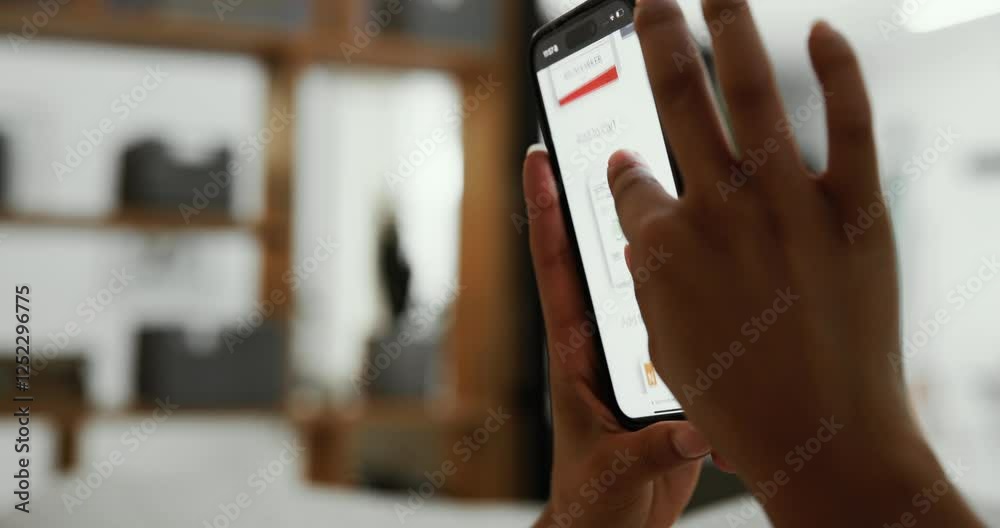 Fototapete hands, phone screen and person with online order, ecommerce and shopping with website. customer, hou