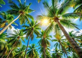 Obraz premium Stunning panoramic reveals a low-angle view of a lush tropical landscape, dominated by majestic palm trees.