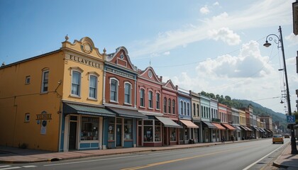 Fototapeta premium Charming historic town ellaville street view colorful architecture daytime community vibe
