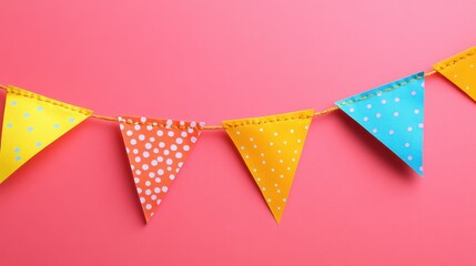 Colorful party bunting with polka dots on a vibrant pink background for festive celebrations and events