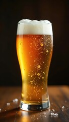 Amber wheat beer in vintage glass, effervescent bubbles , light, texture