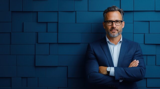 Bold Business Pioneer Portrait Against Striking Blue Background