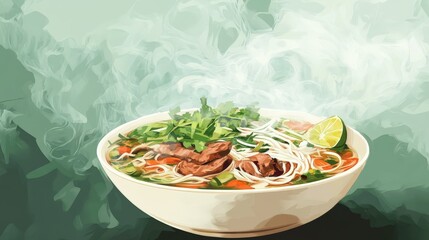 A steamy bowl of pho with tender beef, fresh herbs, lime wedges, and rice noodles, capturing the essence of Vietnamese street food