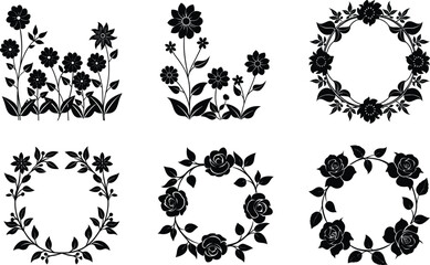 Floral Designs Black and White Flower Silhouettes, Wreaths, and Borders