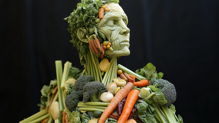 Man made out of vegetables including carrots and broccoli. This image was AI-generated.