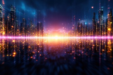 Naklejka premium Futuristic Horizon with Vibrant Lights and Urban Landscape Elements