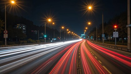 Nighttime traffic flow urban roadway long exposure city lights perspective motion capture