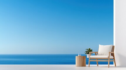 Serene Coastal View with Modern Seating and Vibrant Blue Skies