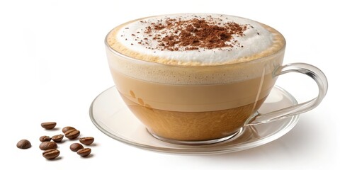 Obraz premium Aromatic Cappuccino in a Clear Glass Cup with a Sprinkle of Cocoa Powder and Scattered Coffee Beans