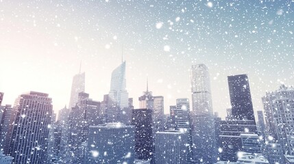 White snow falling over the city of New York, covering towering skyscrapers and urban architecture with a blanket of snowflakes under a clear sky.

