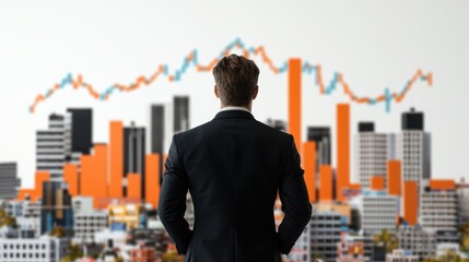 Businessman in Office Overlooking Urban Skyline with Stock Graph