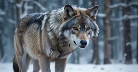 Fototapeta premium Abstract snowflakes dance around the majestic large grey wolf, magical creatures, frosty atmosphere