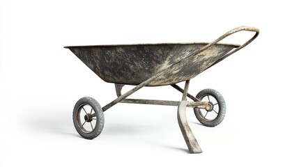Rusty wheelbarrow on white background; gardening, construction