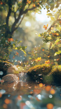 autumn leaves reflecting in water mobile wallpaper vertical format background nature landscape backdrop social media post book cover design green orange moss rocks stone flowers fireflies