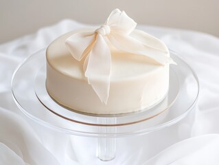 Elegant White Layered Cake Decorated with Ribbon on a Clear Cake Stand  featuring Simple Elegance of Desserts.  Celebratory Sweet Treat.  Delicious and Appealing Dessert.   Wonderful Cake Design.