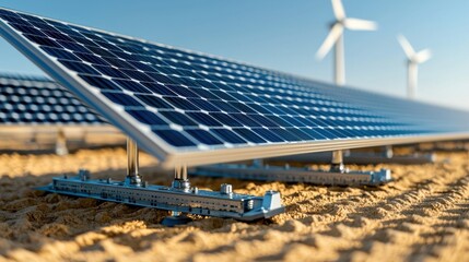 Close-Up View of Solar Panel Array and Wind Turbines in Landscape