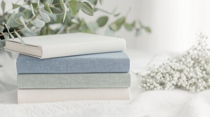 Stacked linen books, eucalyptus, flowers, soft background; wedding album mockup