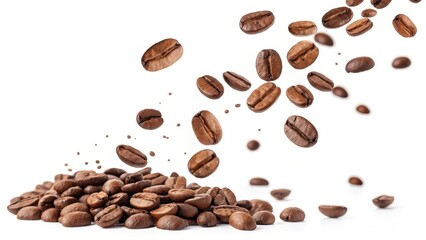 Naklejka premium A cascade of roasted coffee beans falling onto a pile, showcasing their rich brown color and natural texture