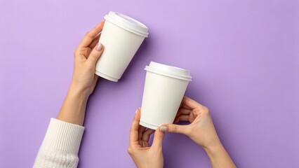 Overhead view of two hands holding blank white disposable coffee cups against a lavender background