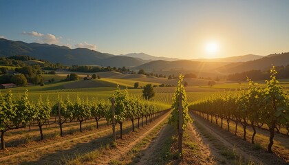 Naklejka premium Sunset vineyard landscape mountains photography rural wide-angle gigapixel cgi