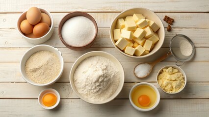 Baking Ingredients Arranged on a White Wooden Surface