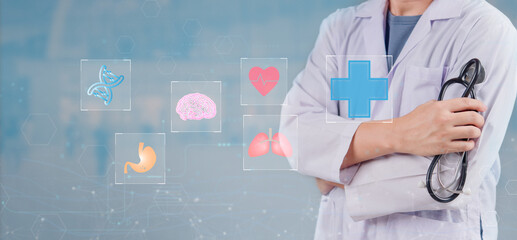 Medical AI system, doctor using futuristic healthcare analytics, smart medical technology, digital diagnosis platform, artificial intelligence in health monitoring, innovative medicine.