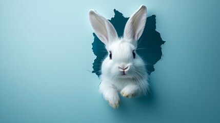 Obraz premium White Rabbit Peeking Through Torn Wall