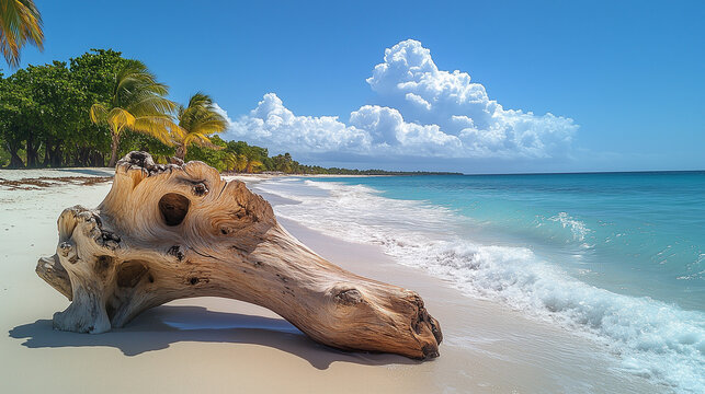 Image of drift wood on the beaches of Santo Domingo a close up shot, the beach very clean and with white sand and bright blue water, palm trees in the background.