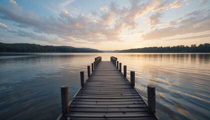 Obraz premium Sunset reflection over serene lake dock natural landscape gigapixel cgi view