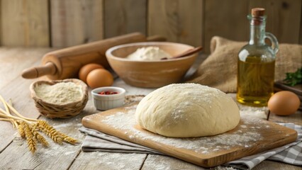 Fototapeta premium Artisan Bread Dough Preparation Rustic Wooden Table Setting with Flour, Eggs, and Olive Oil