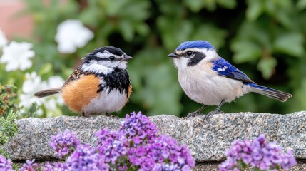 Fototapeta premium Two birds on wall with flowers, garden scene, possible use for nature poster