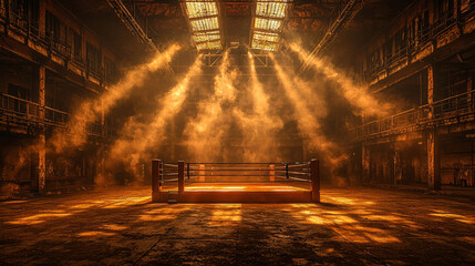 In dimly lit audience hall boxing ring stands illuminated rays of spotlight filtering through smoke creating dramatic and intense atmosphere for event.