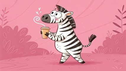 Fototapeta premium A cheerful zebra enjoys a warm beverage during its morning stroll through a pink landscape