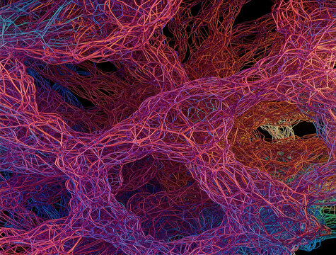 A close-up image featuring a network of fine lines and tangles in various colors creates a sense of depth and complexity.