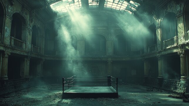 abandoned venue transformed for boxing night features ring illuminated spotlight rays and enveloped in smoke creating intense competitive atmosphere for spectators.